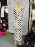 Summer Holidays Chic Black White Polka Dot Sleeveless Bow V-Neck Slit Dress