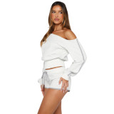 Women's Casual Slash Shoulder Long Sleeve Top Drawstring Shorts Two-Piece Set