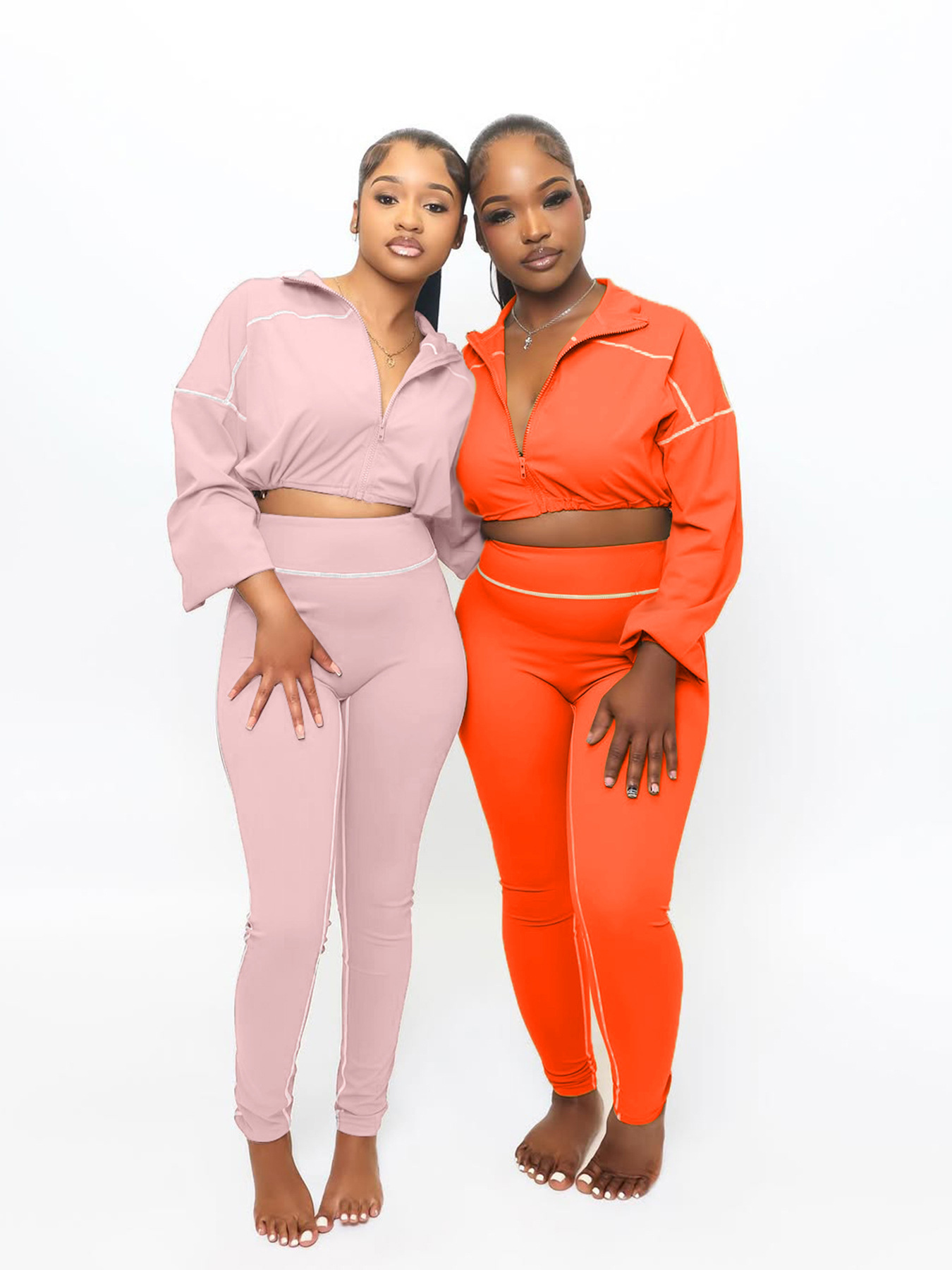 Fashion Casual Sportswear Women's Spring Autumn Solid Color Long Sleeve Zipper Slim Fit Two-Piece Pants Set