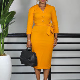 African Women's Fashion Chic Solid Color Elegant OL V-Neck Belt Plus Size Dress
