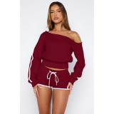 Women's Casual Slash Shoulder Long Sleeve Top Drawstring Shorts Two-Piece Set