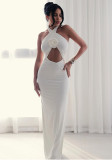 Women's Hollow-Out Fashion Slit Pleated Low Back Cross Halter Neck Solid Long Dress