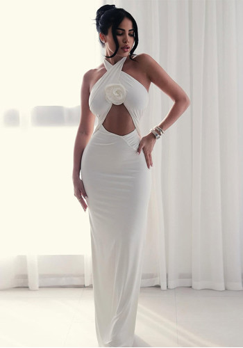 Women's Hollow-Out Fashion Slit Pleated Low Back Cross Halter Neck Solid Long Dress