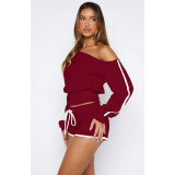 Women's Casual Slash Shoulder Long Sleeve Top Drawstring Shorts Two-Piece Set