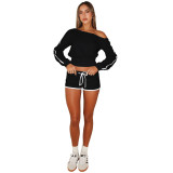 Women's Casual Slash Shoulder Long Sleeve Top Drawstring Shorts Two-Piece Set