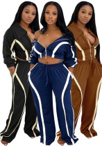 Fashion Women's Striped Patchwork Color Block Zipper Turndown Collar Top Wide Leg Pants Two-Piece Set