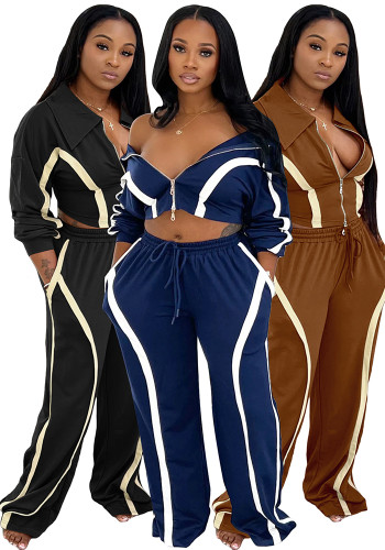 Fashion Women's Striped Patchwork Color Block Zipper Turndown Collar Top Wide Leg Pants Two-Piece Set
