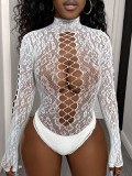 Women Green Jacquard Cutout Bikini Long-Sleeved Mesh One-Piece Sexy Lingerie