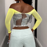 Women Printed Yellow-Gray Cutout Sexy Long-Sleeved Mesh Sexy Lingerie