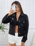 Women Multi-Rhinestone Pocket Black Long-Sleeved Denim Jacket