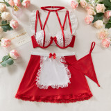Women see-through bow halter neck Lace contrasting bra two-piece role-play maid costume sexy lingerie set