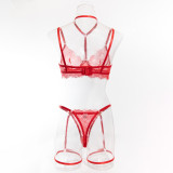 Women hollow lace eyelash halter neck lingerie set with detachable leg loops