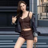 Women zippered vest top with drawstring and shorts two-piece set