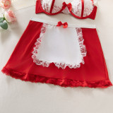 Women see-through bow halter neck Lace contrasting bra two-piece role-play maid costume sexy lingerie set