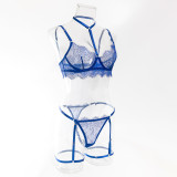 Women hollow lace eyelash halter neck lingerie set with detachable leg loops