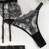 Women embroidered metal buckle lace-up see-through Sexy lingerie set