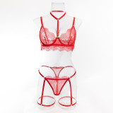 Women hollow lace eyelash halter neck lingerie set with detachable leg loops