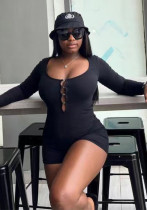 Women solid hollow long-sleeved jumpsuit