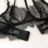 Women hollow lace eyelash halter neck lingerie set with detachable leg loops