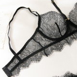 Women hollow lace eyelash halter neck lingerie set with detachable leg loops