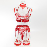 Women embroidered metal buckle lace-up see-through Sexy lingerie set