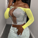 Women Printed Yellow-Gray Cutout Sexy Long-Sleeved Mesh Sexy Lingerie