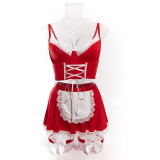 Women lace-up maid Pu-Leather cosplay uniform Sexy lingerie set