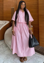 African Women turndown collar striped short-sleeved shirt and lace-up skirt two-piece set