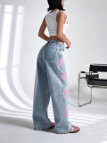 Women casual printed washed butterfly denim pants