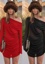 Women Fall Solid Casual Mesh Slash Shoulder Gathered Long-Sleeved Dress