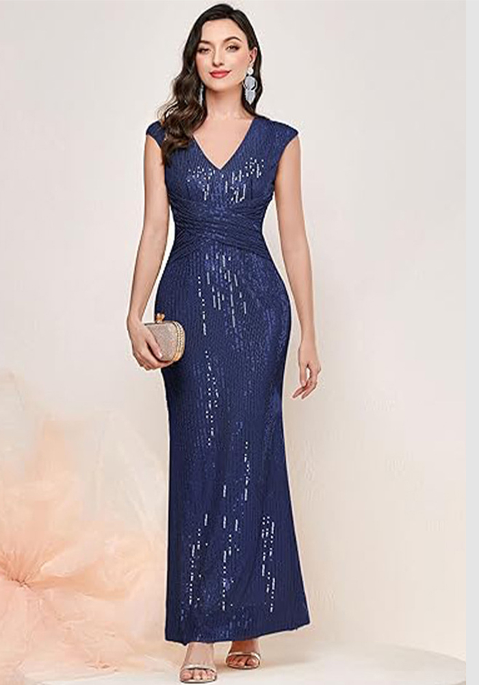 Women's V-Neck Glitter Sequin Pleated Cocktail Dress Bride Gown