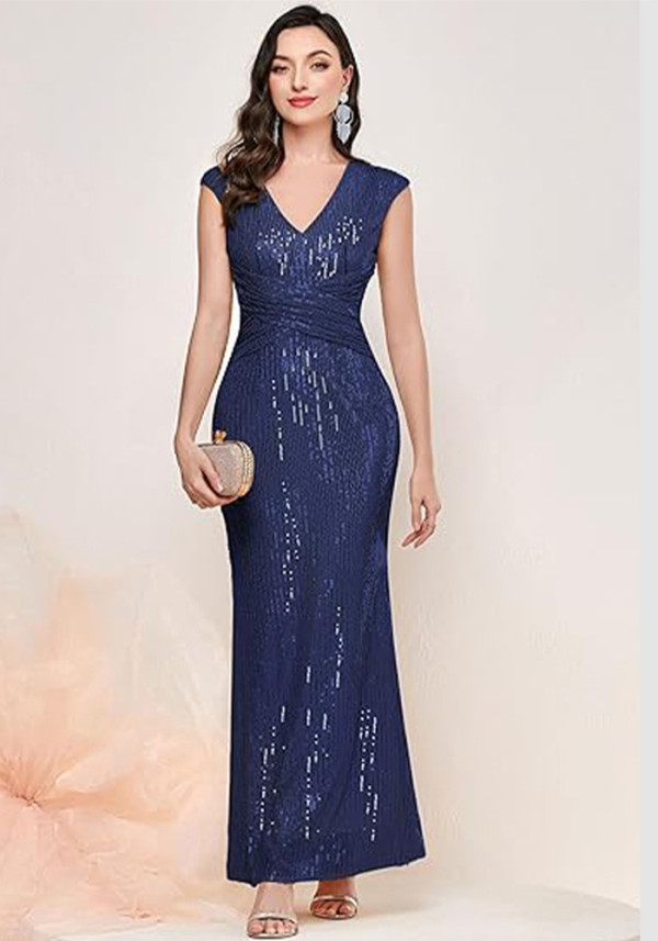 Women's V-Neck Glitter Sequin Pleated Cocktail Dress Bride Gown
