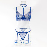 Women hollow lace eyelash halter neck lingerie set with detachable leg loops