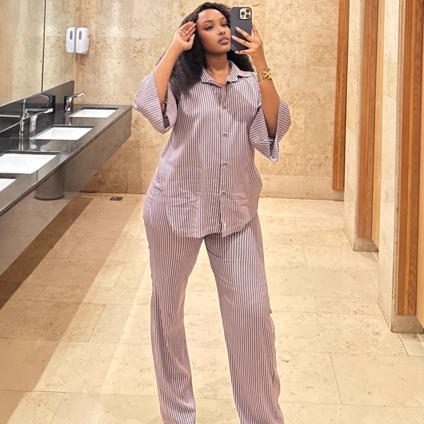 Plus-size African Women casual turndown collar striped shirt and wide-leg pants two-piece set