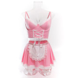 Women lace-up maid Pu-Leather cosplay uniform Sexy lingerie set