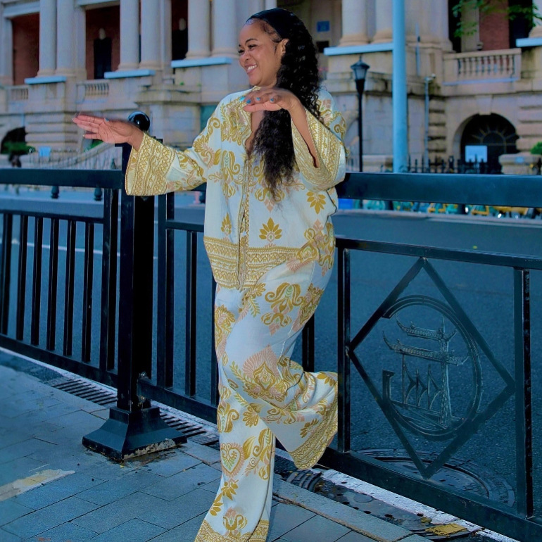 Plus-size African Women long-sleeved turndown collar printed shirt and wide-leg pants two-piece set