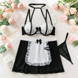 Women see-through bow halter neck Lace contrasting bra two-piece role-play maid costume sexy lingerie set