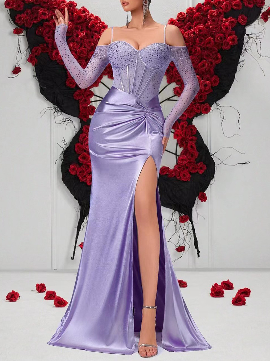 Women elegant herringbone strapless pleated slit dress