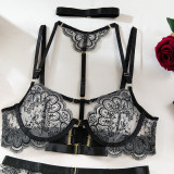 Women embroidered metal buckle lace-up see-through Sexy lingerie set