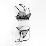 Women hollow lace eyelash halter neck lingerie set with detachable leg loops