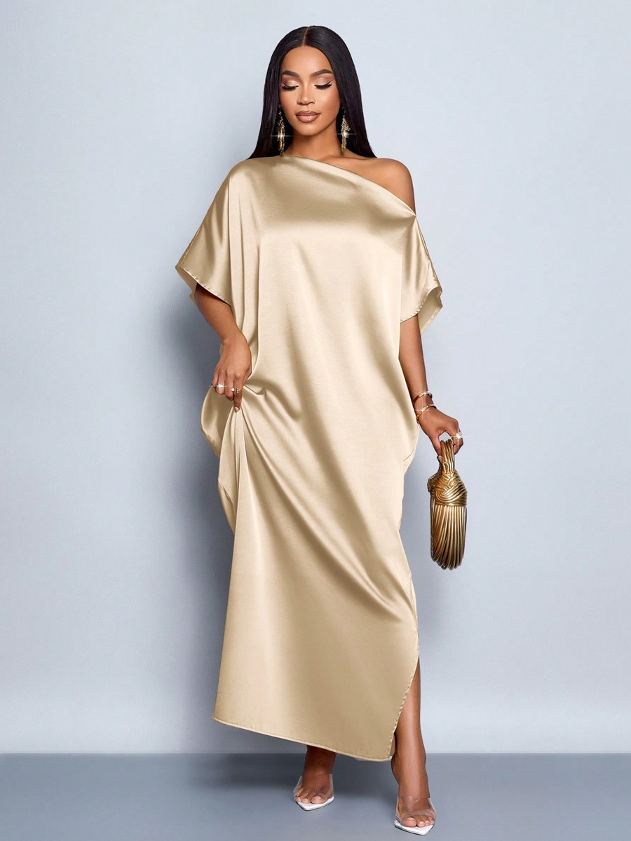 Women autumn satin yellow maxi dress