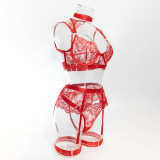 Women embroidered metal buckle lace-up see-through Sexy lingerie set