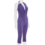 Women Fall Sexy Halter Neck Top and Capri Two-Piece Set