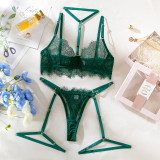 Women hollow lace eyelash halter neck lingerie set with detachable leg loops