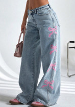 Women casual printed washed butterfly denim pants