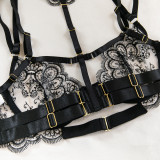 Women embroidered metal buckle lace-up see-through Sexy lingerie set
