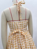 African Women sexy square-neck halter neck plaid dress