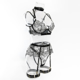 Women embroidered metal buckle lace-up see-through Sexy lingerie set