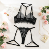 Women hollow lace eyelash halter neck lingerie set with detachable leg loops