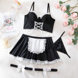 Women lace-up maid Pu-Leather cosplay uniform Sexy lingerie set